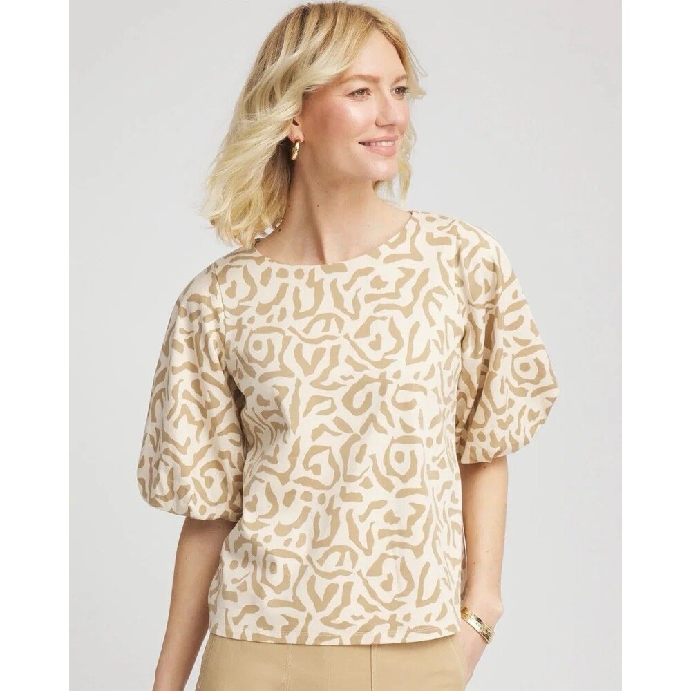Chico’s Animal Print Bubble Sleeve Top Glistening Sand Beige Sz XL Cotton Flowy